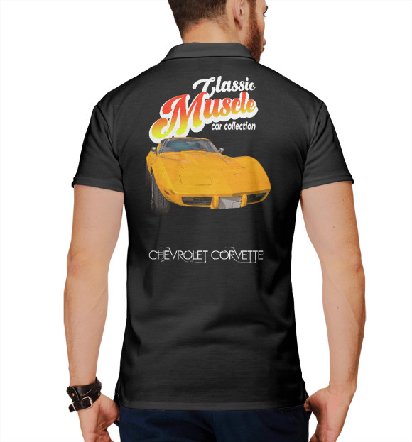 Мужское поло с изображением Маслкар Chevrolet Corvette на черном фон цвета Белый