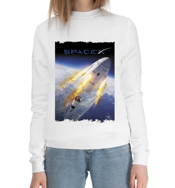 Женский хлопковый свитшот с изображением Space X, выход в космос цвета Белый
