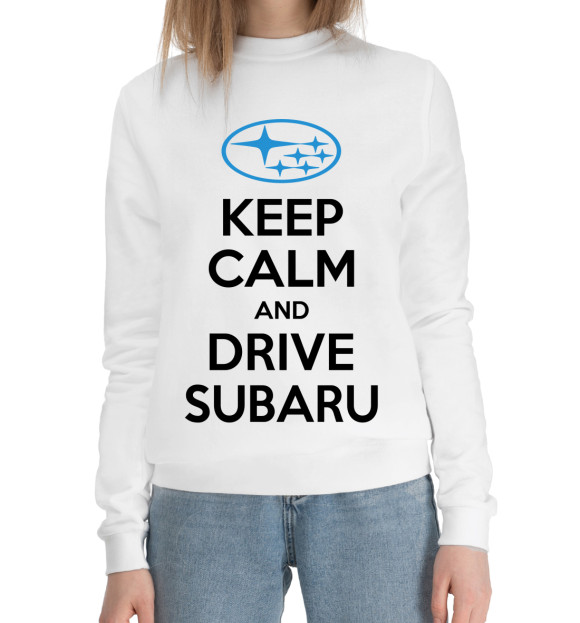 Женский хлопковый свитшот с изображением Будь спок и води Subaru цвета Белый