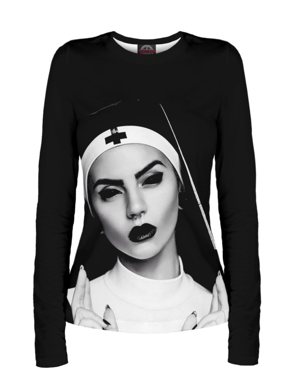 Женский лонгслив с изображением NUN цвета Белый