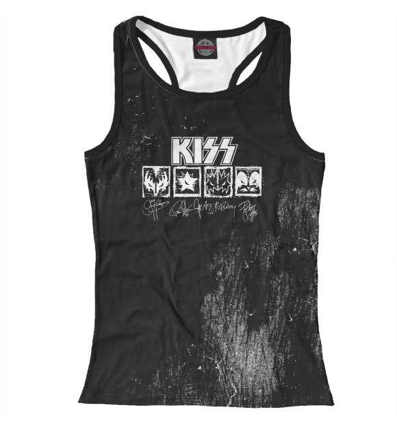 Женская майка-борцовка с изображением Kiss лого участников цвета Белый