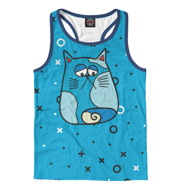 Мужская майка-борцовка с изображением Синий грустный кот цвета Белый