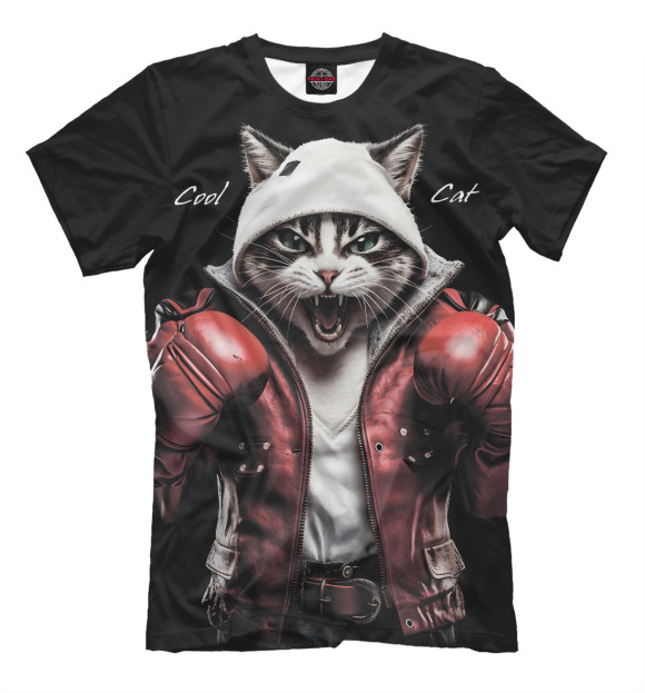 Мужская футболка с изображением Cool fighting cat цвета Белый