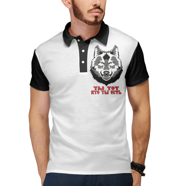 Мужское поло с изображением Волк с символикой/РатиБорец цвета Белый