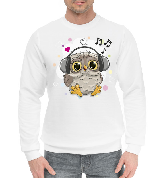 Мужской хлопковый свитшот с притом Совушка-меломан цвета Белый Мужской хлопковый свитшот с изображением Совушка-меломан цвета Белый