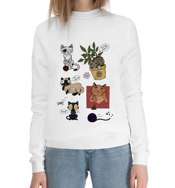 Женский хлопковый свитшот с изображением Кото-стикеры цвета Белый