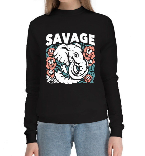 Женский хлопковый свитшот с притом Дикий Слон цвета Черный Женский хлопковый свитшот с изображением Дикий Слон цвета Черный