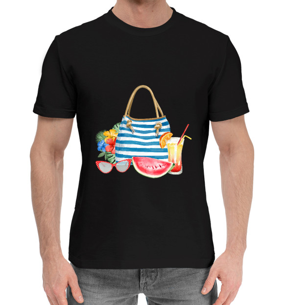 Мужская хлопковая футболка с изображением Пляжная сумка цвета Черный