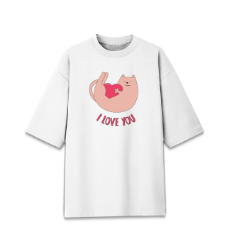 Женская футболка оверсайз Кот играет с сердцем