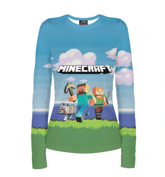 Женский лонгслив с притом Minecraft цвета Белый Женский лонгслив с изображением Minecraft цвета Белый