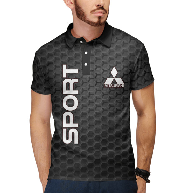 Мужское поло с изображением Mitsubishi соты на темном фоне цвета Белый
