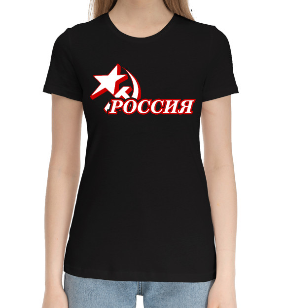 Женская хлопковая футболка с изображением Герб России (красный) цвета Черный