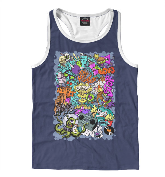 Мужская майка-борцовка с изображением Граффити с инопланетянином на синем фоне цвета Белый