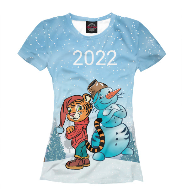 Женская футболка с изображением Тигр и снеговик цвета Белый