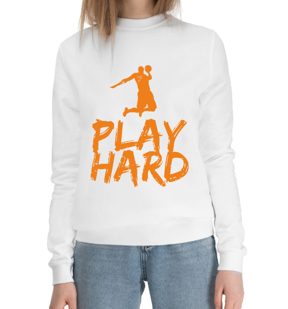 Женский хлопковый свитшот с изображением Play Hard цвета Белый