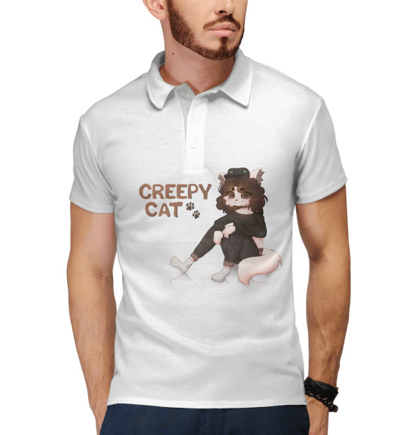 Мужское поло с притом Creepy cat цвета Белый Мужское поло с изображением Creepy cat цвета Белый