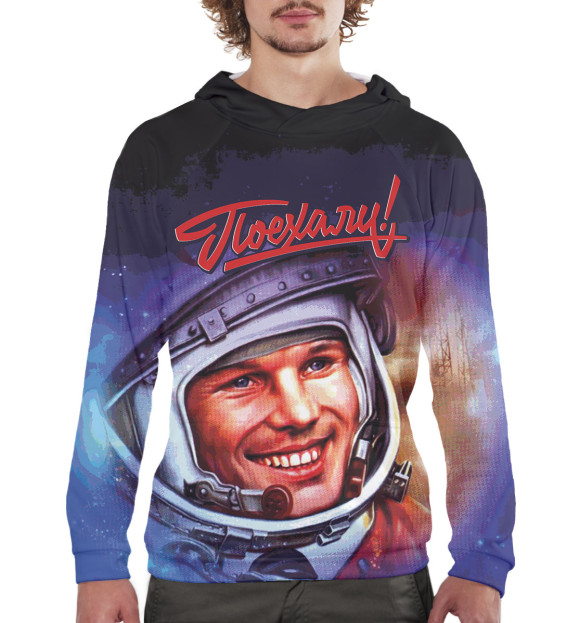 Мужское худи с изображением Поехали! цвета Белый