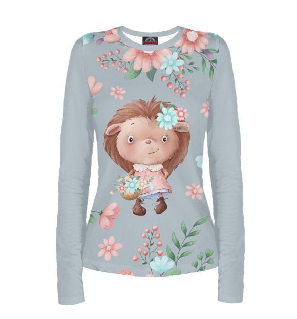 Женский лонгслив с притом Ёжик девочка цвета Белый Женский лонгслив с изображением Ёжик девочка цвета Белый