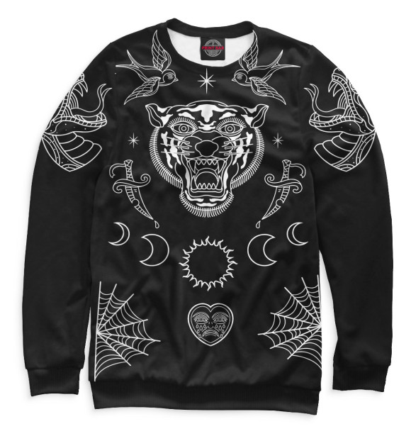 Свитшот для девочек с изображением Тату с тигром, птицами и другими символами цвета Белый