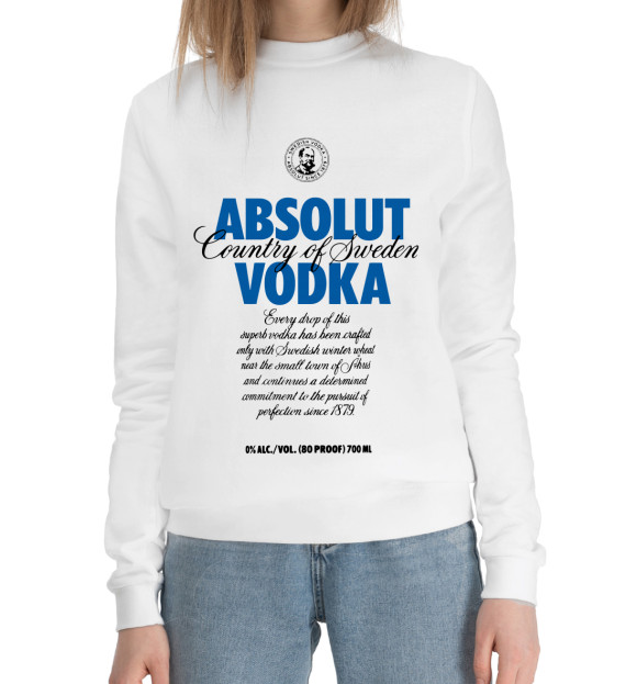 Женский хлопковый свитшот с изображением Absolut vodka 0% цвета Белый