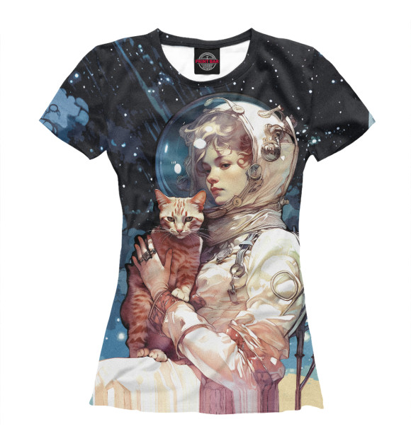 Женская футболка с изображением Девушка космонавт с рыжим котом цвета Белый