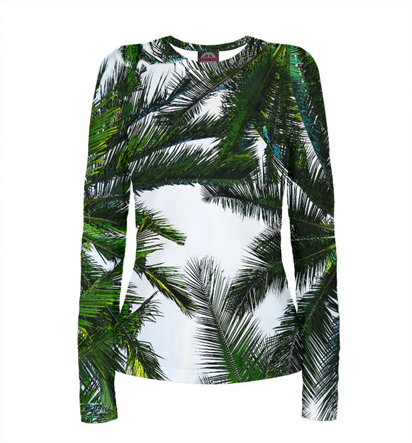 Женский лонгслив с притом Тропические листья цвета Белый Женский лонгслив с изображением Тропические листья цвета Белый