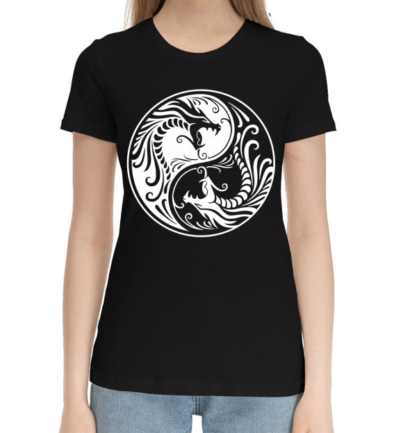Женская хлопковая футболка с изображением Драконы цвета Черный