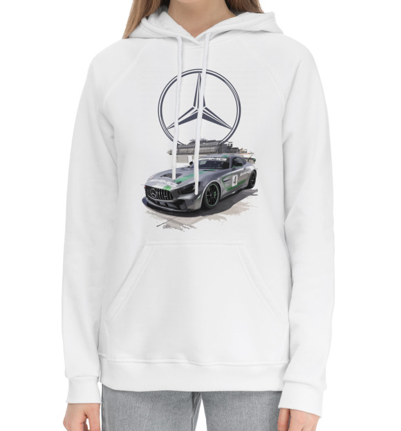Женский хлопковый худи с изображением Mercedes AMG цвета Белый