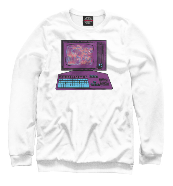 Мужской свитшот с изображением Компьютер с космосом цвета Белый
