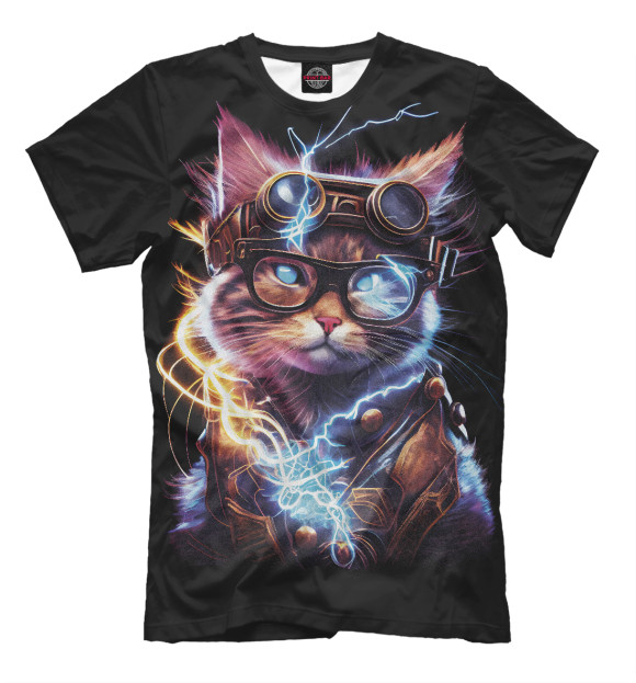 Мужская футболка с изображением Электрический кот стимпанк цвета Белый