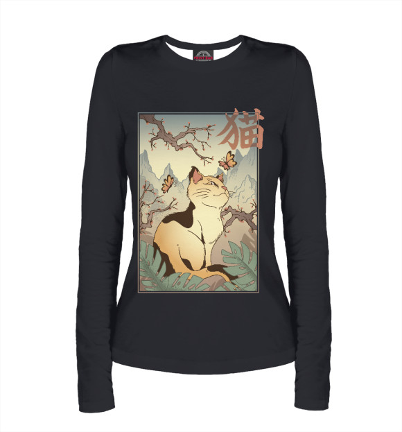 Женский лонгслив с изображением Пейзаж с котиком цвета Белый