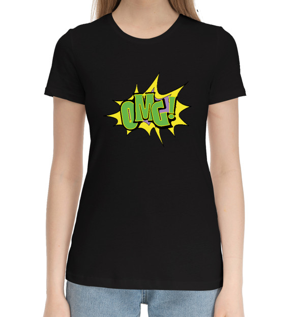 Женская хлопковая футболка с изображением OMG цвета Черный