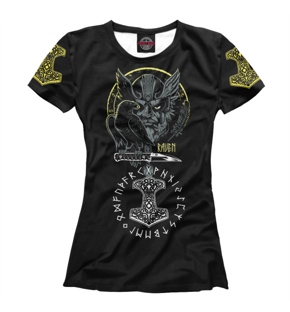 Женская футболка с изображением Ворон на ноже и молот Тора цвета Белый