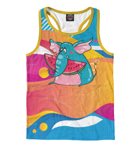 Мужская майка-борцовка с изображением Слон кушает арбуз цвета Белый