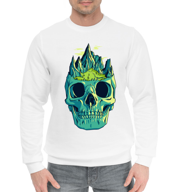 Мужской хлопковый свитшот с изображением Череп с Горами цвета Белый