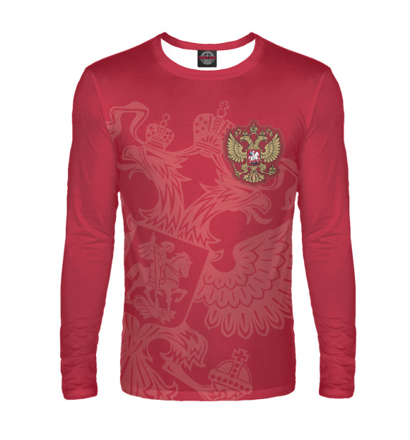 Мужской лонгслив с изображением Герб России красный цвета Белый