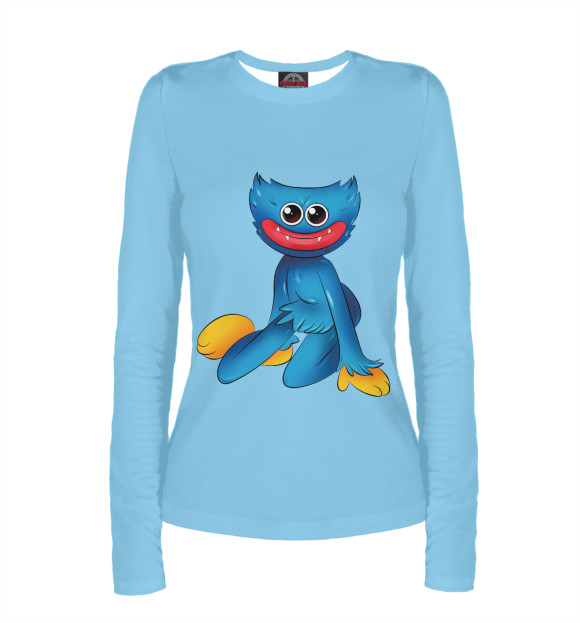 Женский лонгслив с изображением Poppy Playtime Хагги Вагги (голубой фон) цвета Белый