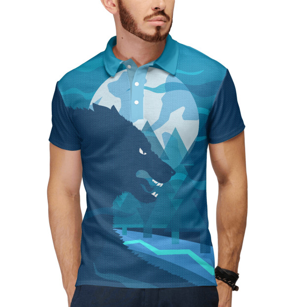 Мужское поло с изображением Волк в лесу под луной цвета Белый