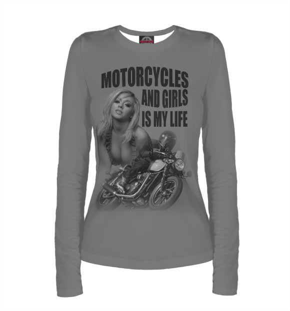 Женский лонгслив с изображением Мотоциклы и девушки... цвета Белый