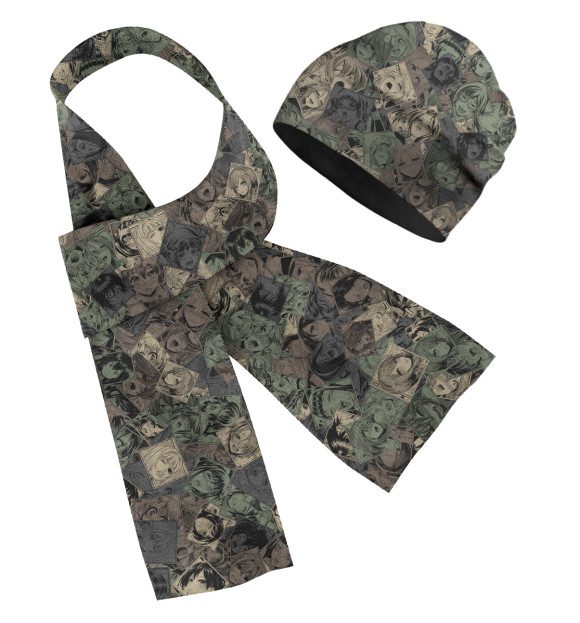 Шарф и шапка с притом Ахегао камуфляж цвета Белый Шарф и шапка с изображением Ахегао камуфляж цвета Белый